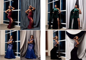 Photos of Miss Langston University pageant participants next to versions of the photo where AI was used to create a curtain in the background